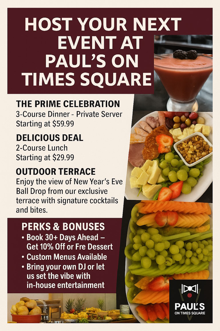Host your next event at Paul;s. Starting prices: 3-course dinner $59.99, 2-course lunch $29.99, Book 30 days in advance for 10% off.