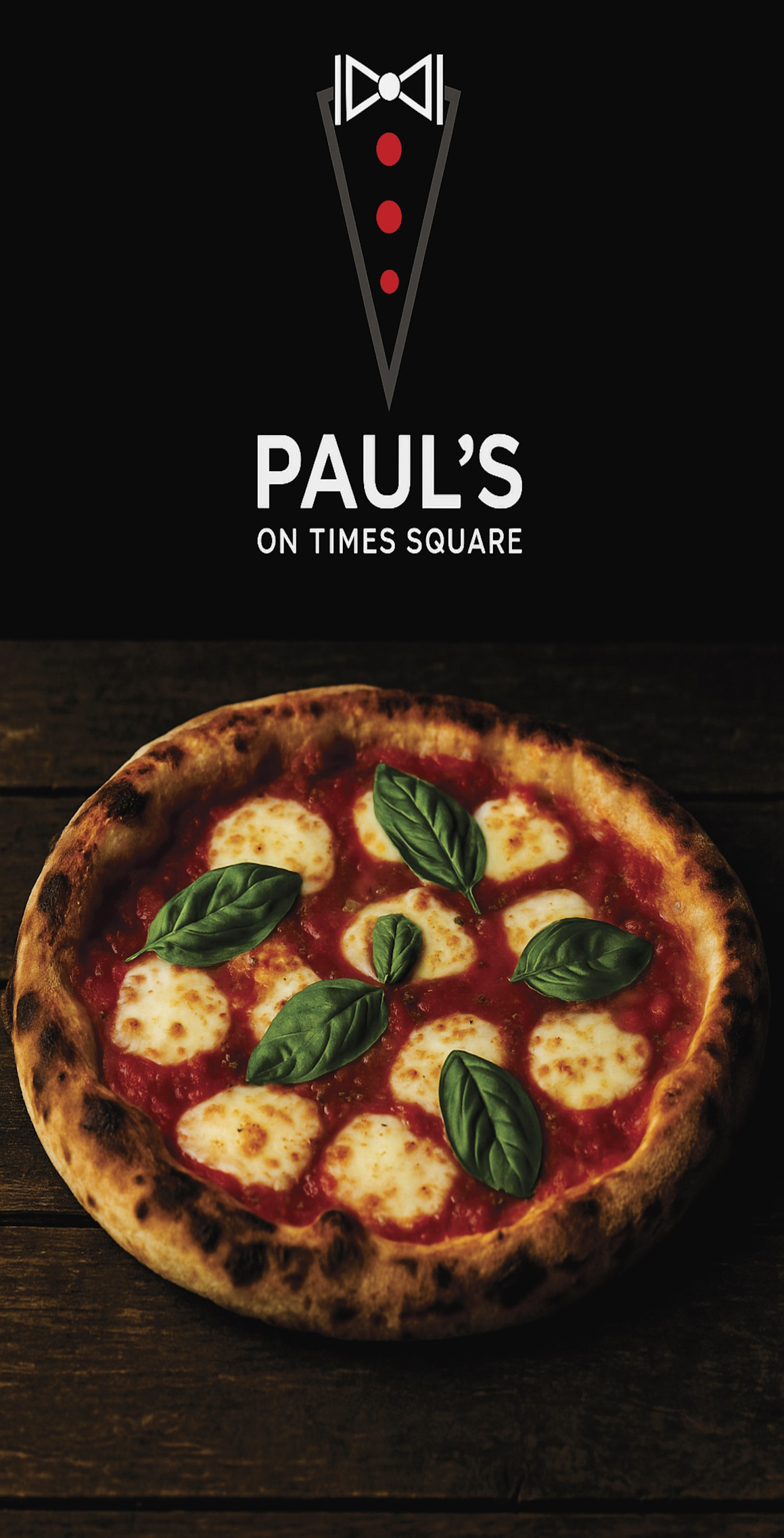 Paul's bow tie logo with pizza.