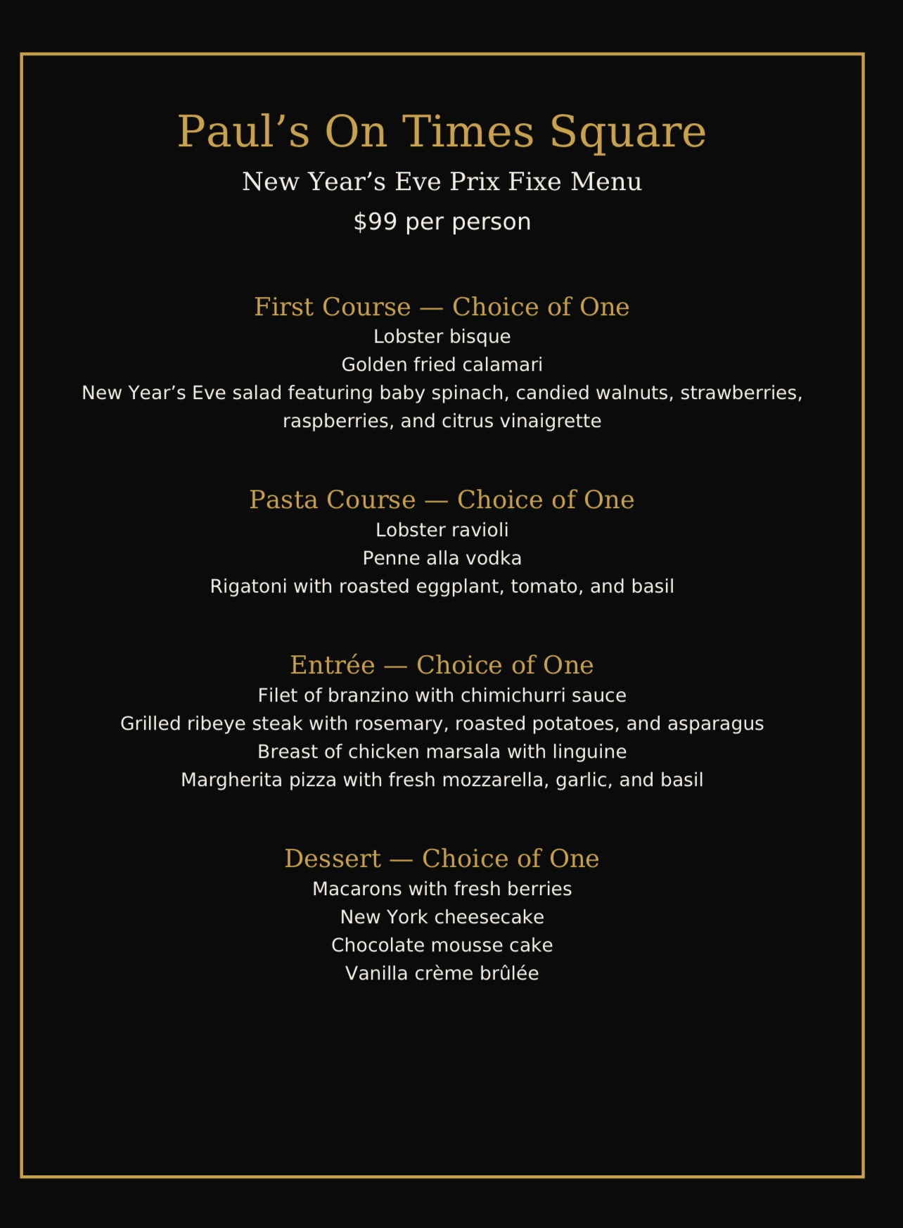 New years eve prix fixe menu